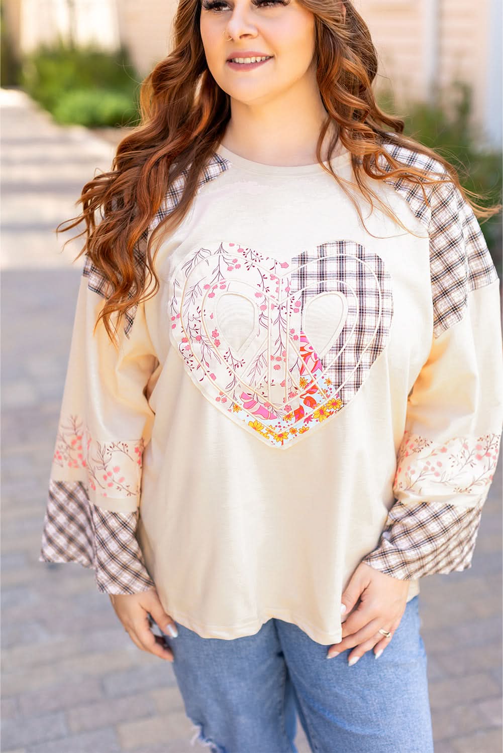 Beige Plaid Floral Peace Heart Graphic Wide Long Sleeve Top - Love Salve